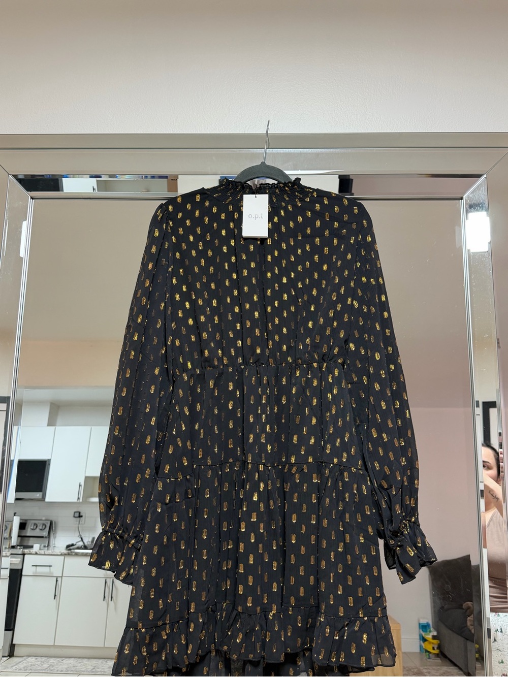 O.P.T Black and Gold Long-Sleeve Tiered Dress